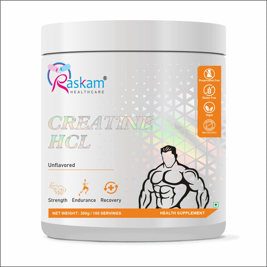 Raskam Pure Creatine HCL Powder (Unflavoured, 100 Sevings) | Rapid Absorption | Enhanced Muscle Strength & Power-300gm