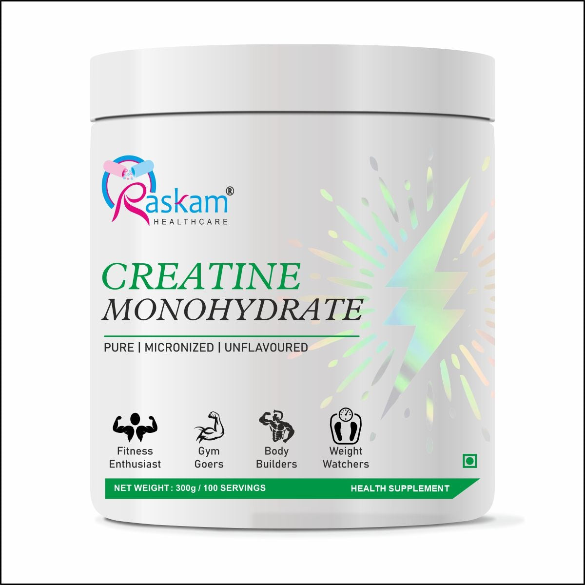 Raskam Creatine Monohydrate powder for Muscle Building & Performance - 100 Servings (Unflavoured, 300gm)