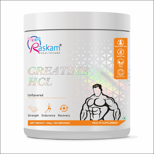 Raskam Pure Creatine HCL Powder (Unflavoured, 166 Sevings) | Rapid Absorption | Enhanced Muscle Strength & Power-500gm