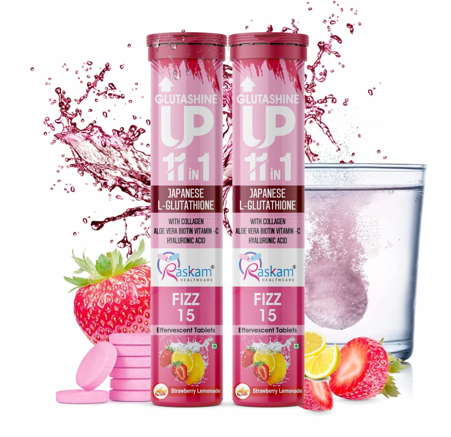 Raskam Glutashine Up 11 In 1 |Japanese L-Glutathione With Collagen | Aloe vera| Biotin | Vitamin-C | Hyaluronic Acid For Skin Glow & Hydration | 15 Fizz Tablets | In Strawberry Lemonade Flavor