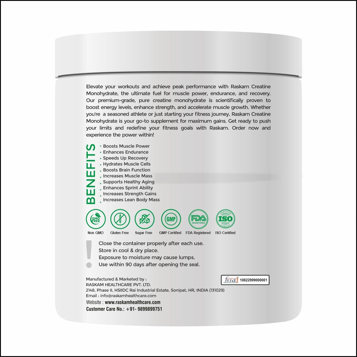 Raskam Creatine Monohydrate powder for Muscle Building & Performance - 166 Servings (Unflavoured, 500gm)