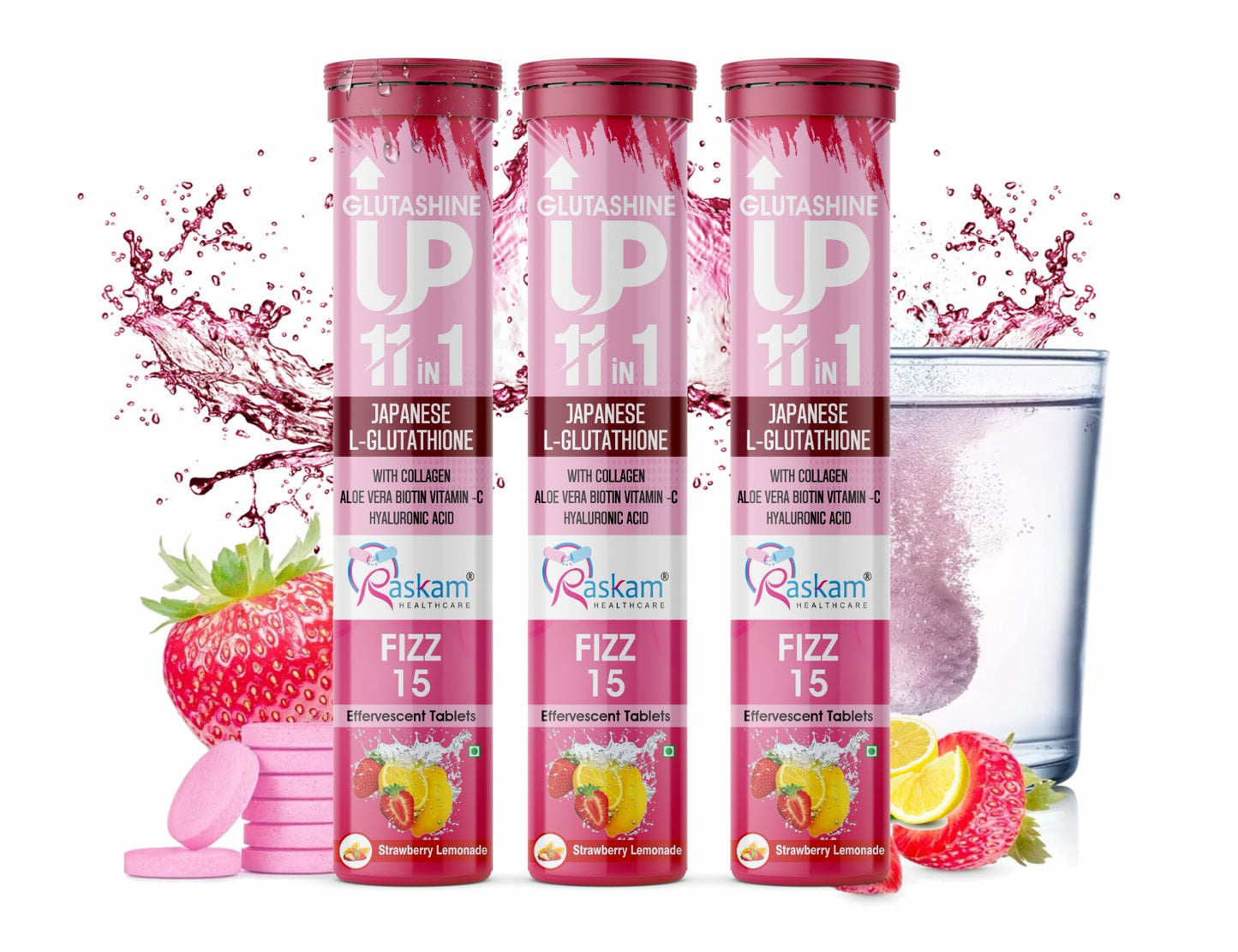 Raskam Glutashine Up 11 In 1 |Japanese L-Glutathione With Collagen | Aloe vera| Biotin | Vitamin-C | Hyaluronic Acid For Skin Glow & Hydration | 15 Fizz Tablets | In Strawberry Lemonade Flavor