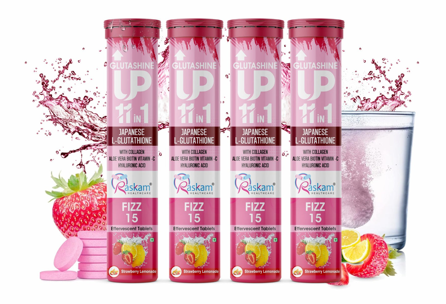 Raskam Glutashine Up 11 In 1 |Japanese L-Glutathione With Collagen | Aloe vera| Biotin | Vitamin-C | Hyaluronic Acid For Skin Glow & Hydration | 15 Fizz Tablets | In Strawberry Lemonade Flavor