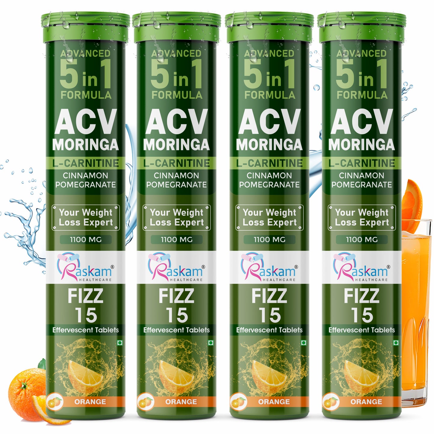 Raskam ACV Moringa 5 in 1 formula Effervescent Tablets Helps To Turn Fat Into Energy | With Carnitine, Pomegranate & Cinnamon | Supports Fat Burn | Weight Loss Drink for Women, Men | No Added Sugar | Orange Flavor | 15 Fizz Tablets (1100mg)