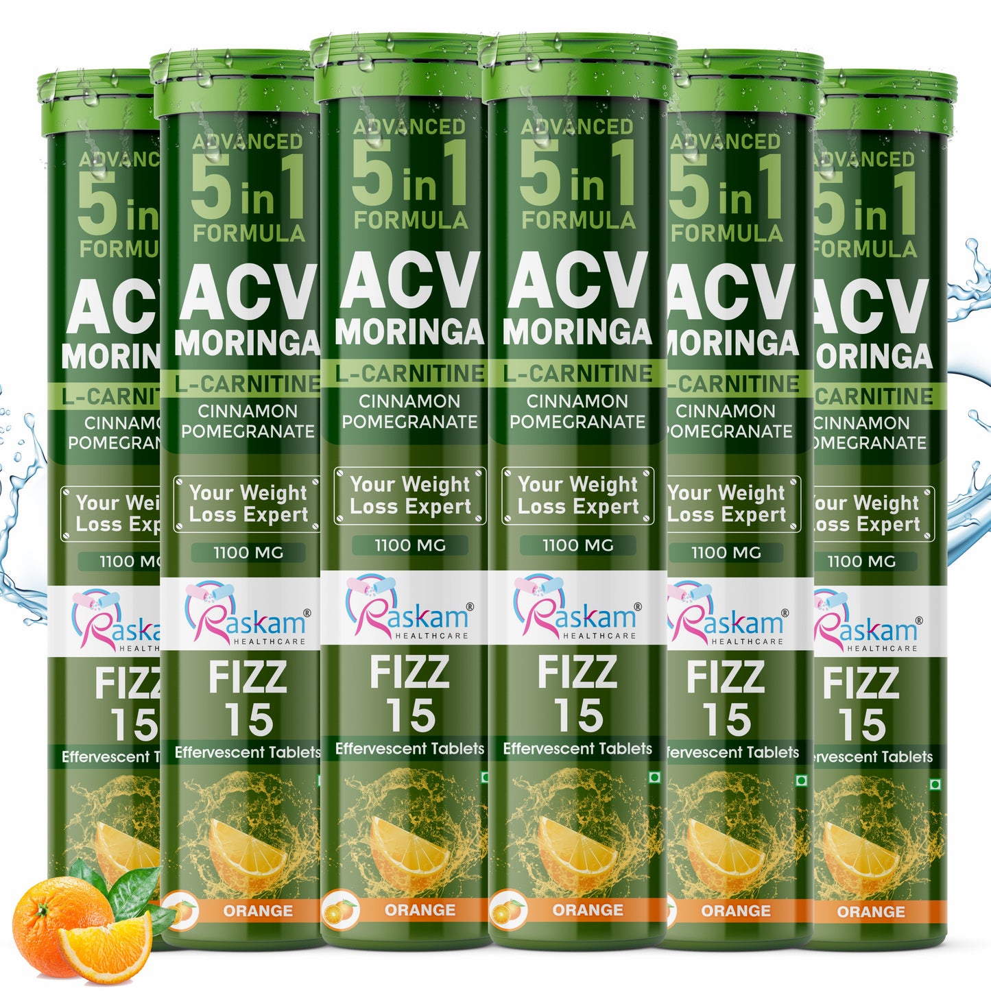 Raskam ACV Moringa 5 in 1 formula Effervescent Tablets Helps To Turn Fat Into Energy | With Carnitine, Pomegranate & Cinnamon | Supports Fat Burn | Weight Loss Drink for Women, Men | No Added Sugar | Orange Flavor | 15 Fizz Tablets (1100mg)