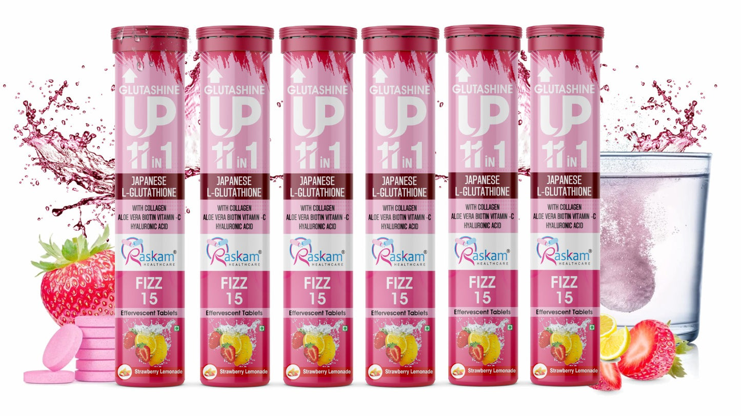 Raskam Glutashine Up 11 In 1 |Japanese L-Glutathione With Collagen | Aloe vera| Biotin | Vitamin-C | Hyaluronic Acid For Skin Glow & Hydration | 15 Fizz Tablets | In Strawberry Lemonade Flavor