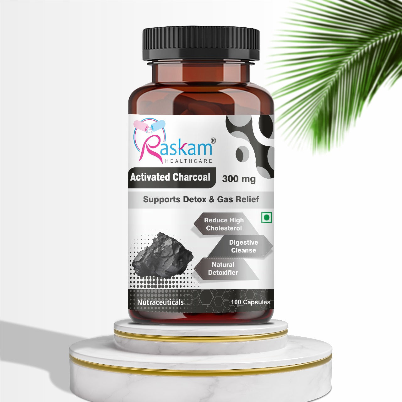 Raskam Activated Charcoal with Apple Cider Vinegar |  Helps in Digestion, Bloating, Liver & Kidney Detox | 100 Veg Capsules