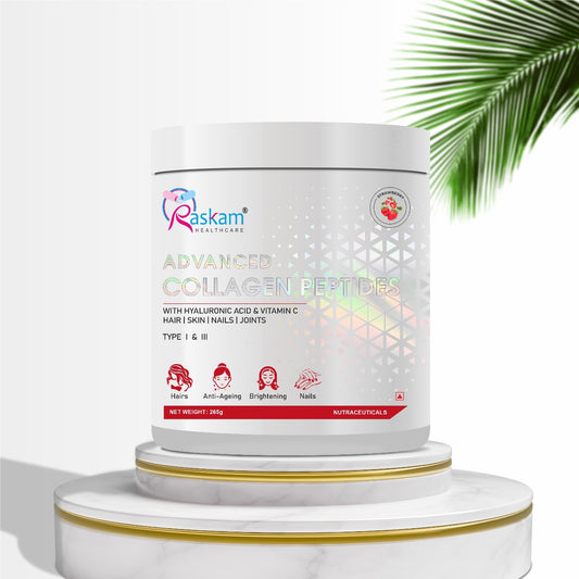 Raskam Advanced Collagen Peptides Powder for Men & Women | Collagen Powder with Biotin, Vitamins C & E for Hair, Nails, Skin Radiance & Anti-Aging Flav- Strawberry (265gm , 100gm)