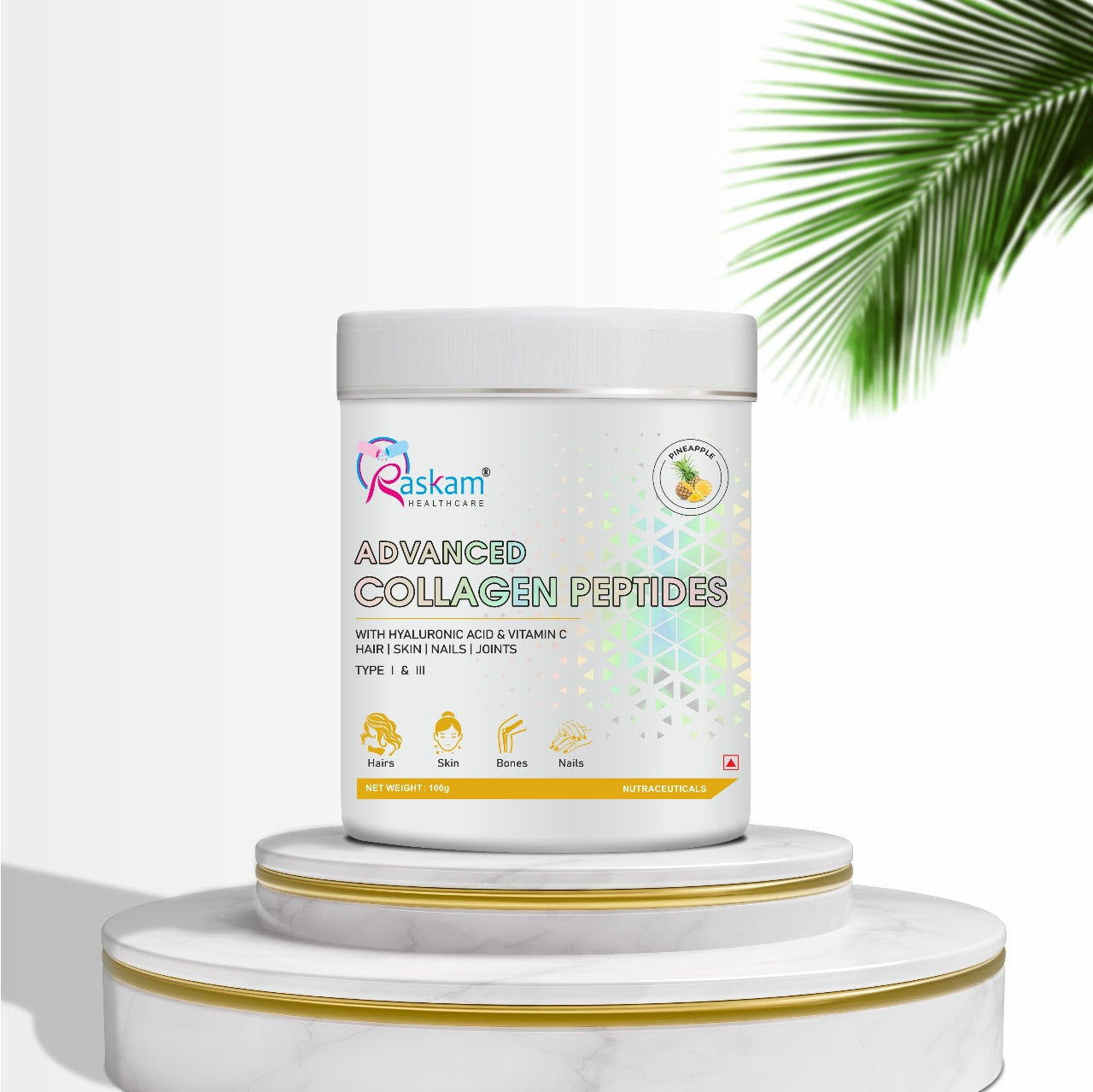 Raskam Advanced Collagen Peptides Powder for Men & Women | Collagen Powder with Biotin, Vitamins C & E for Hair, Nails, Skin Radiance & Anti-Aging Flav- Pineapple (265gm ,100gm)