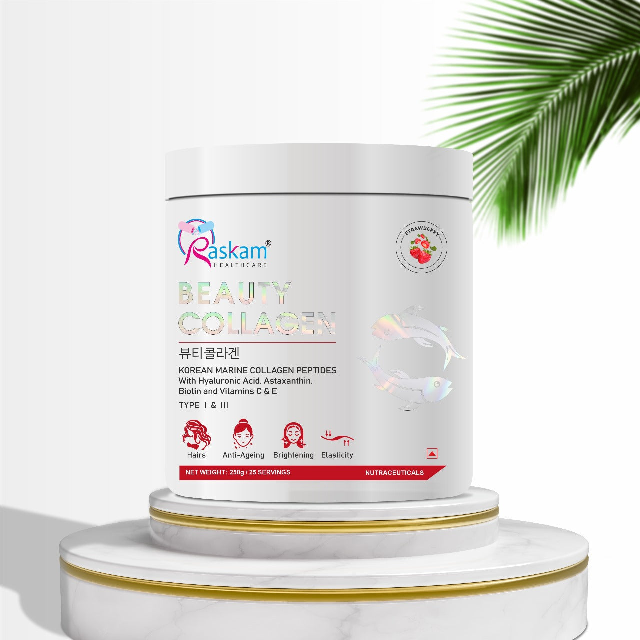 Raskam Beauty Collagen Peptides Powder for Men & Women | Collagen Powder with Biotin, Vitamins C & E for Hair, Nails, Skin Radiance & Anti-Aging Flav- Strawberry (250gm , 100gm)