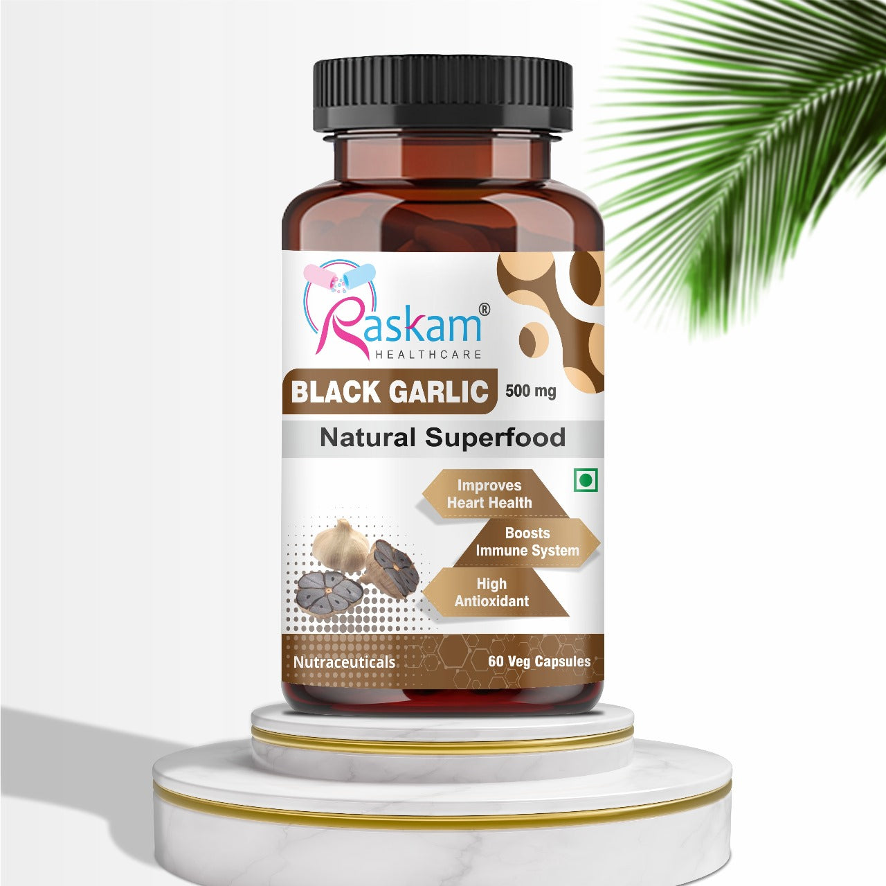 Raskam Natural Black Garlic Capsules Superfood Immunity Booster - Heart & Weight Management - Detox Antioxidant Supplement (60 Veg Capsules)