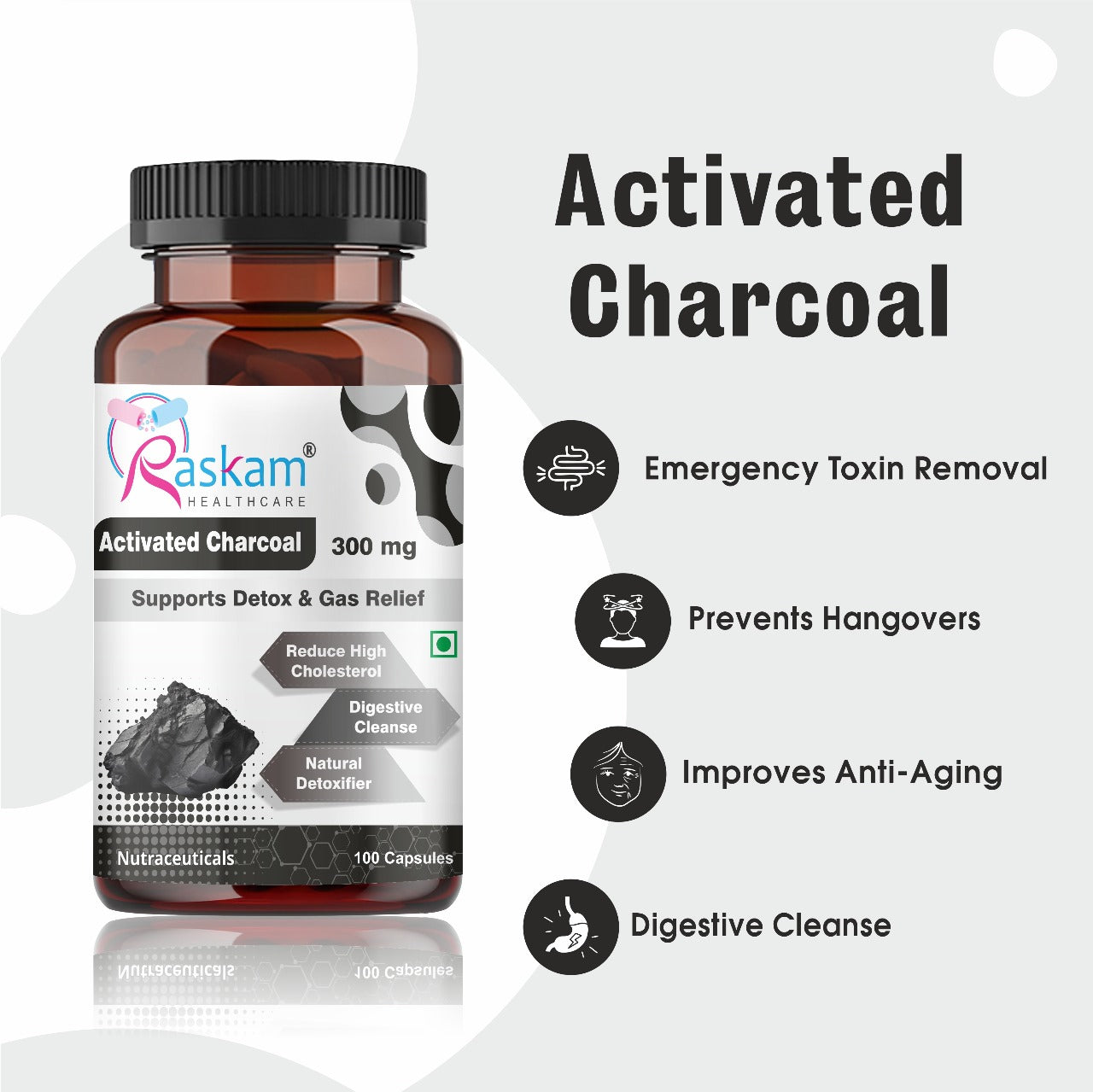 Raskam Activated Charcoal with Apple Cider Vinegar |  Helps in Digestion, Bloating, Liver & Kidney Detox | 100 Veg Capsules