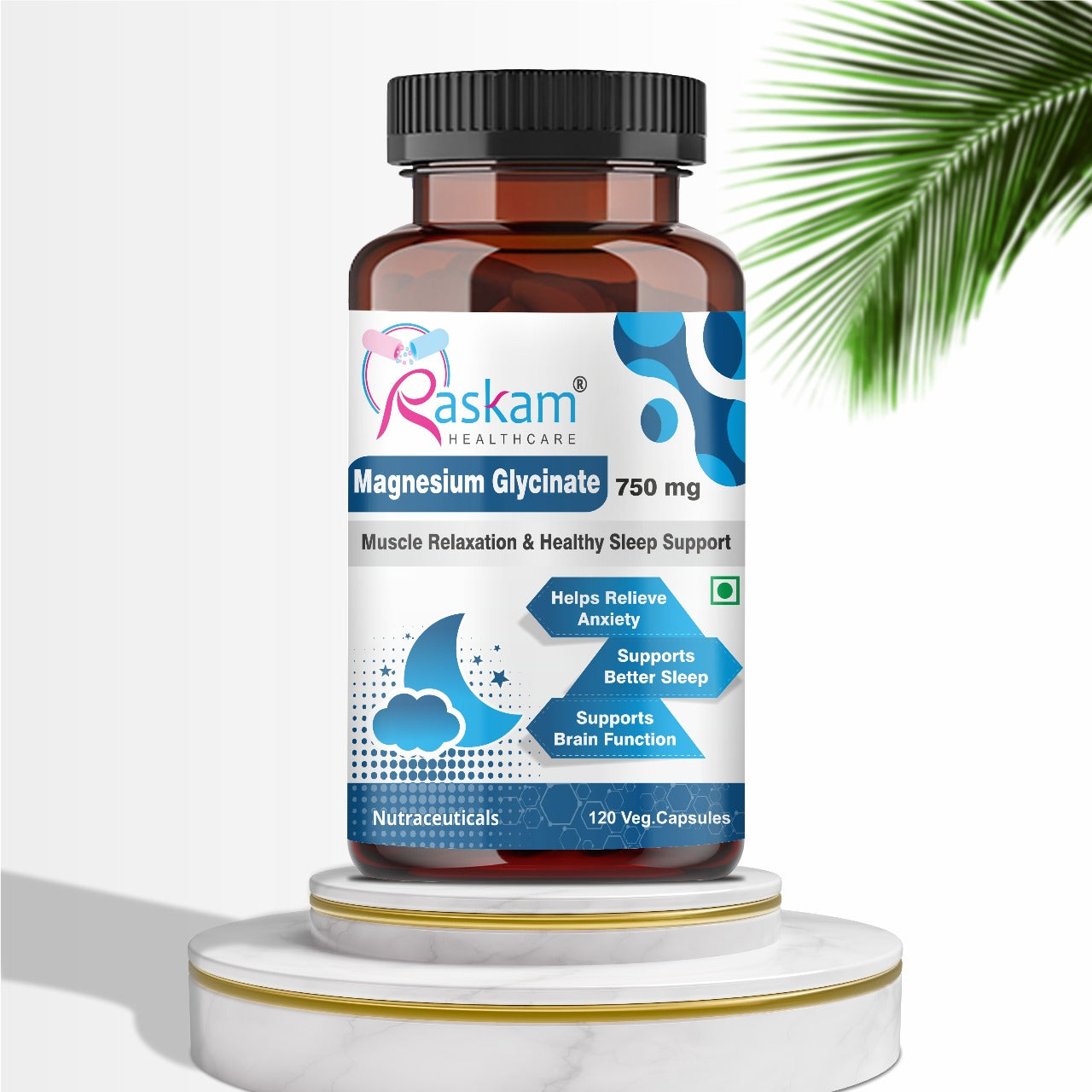 Raskam High Absorption Magnesium Glycinate -120 Vegetable Capsules ,750mg