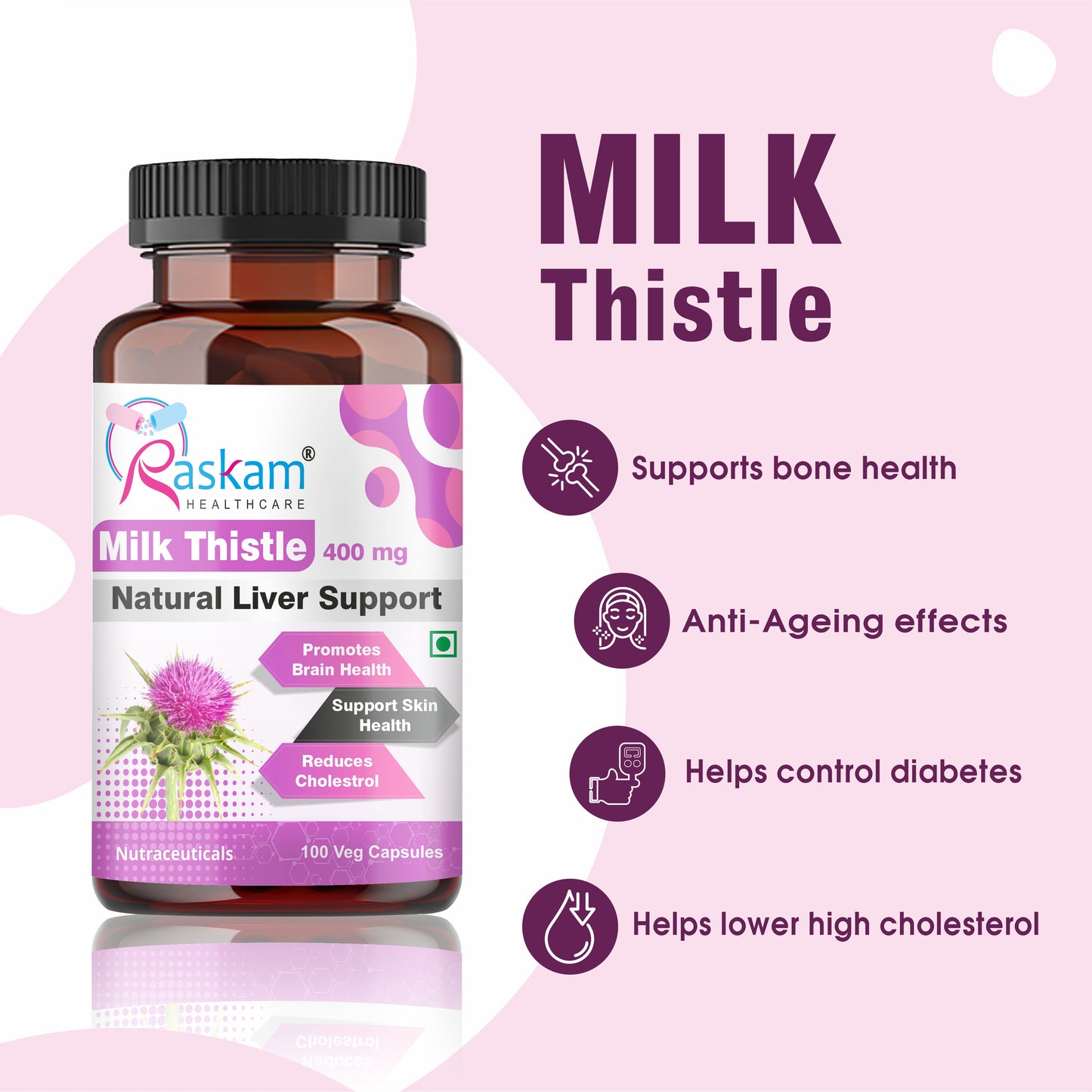 Raskam Milk Thistle-100 Veg capsules Milk Thistle Extract for Complete Liver Support, Alcohol Detox & Protection Against Fatty Liver