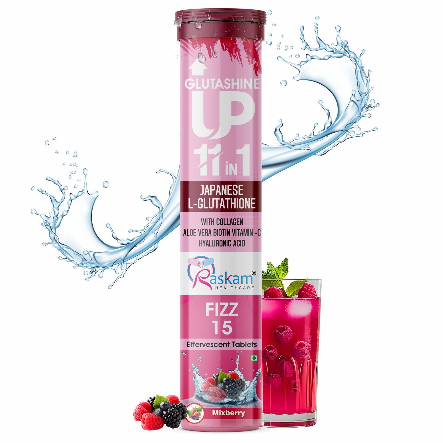 Raskam Glutashine Up 11 In 1 |Japanese L-Glutathione With Collagen | Aloe vera| Biotin | Vitamin-C | Hyaluronic Acid For Skin Glow & Hydration | 15 Fizz Tablets | In Mix Berry Flavor