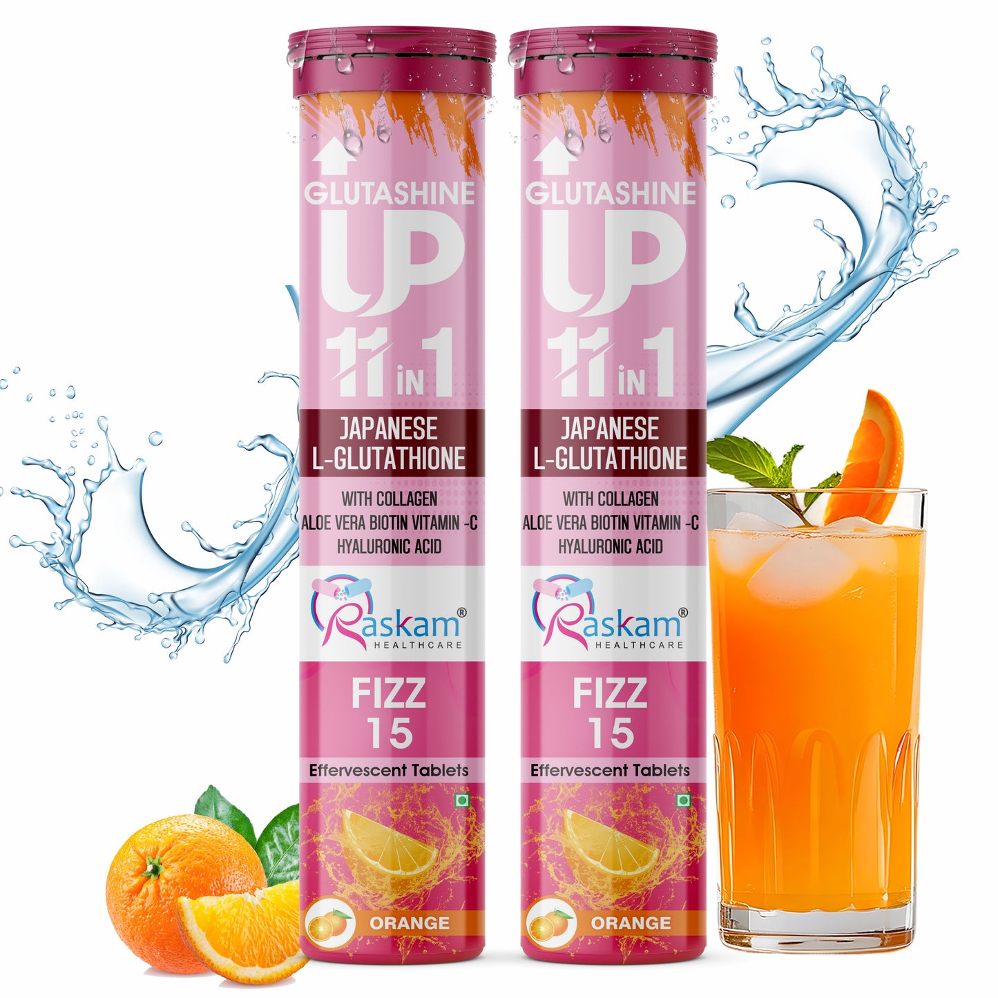 Raskam Glutashine Up 11 In 1 |Japanese L-Glutathione With Collagen | Aloe vera| Biotin | Vitamin-C | Hyaluronic Acid For Skin Glow & Hydration | 15 Fizz Tablets | In Orange  Flavor