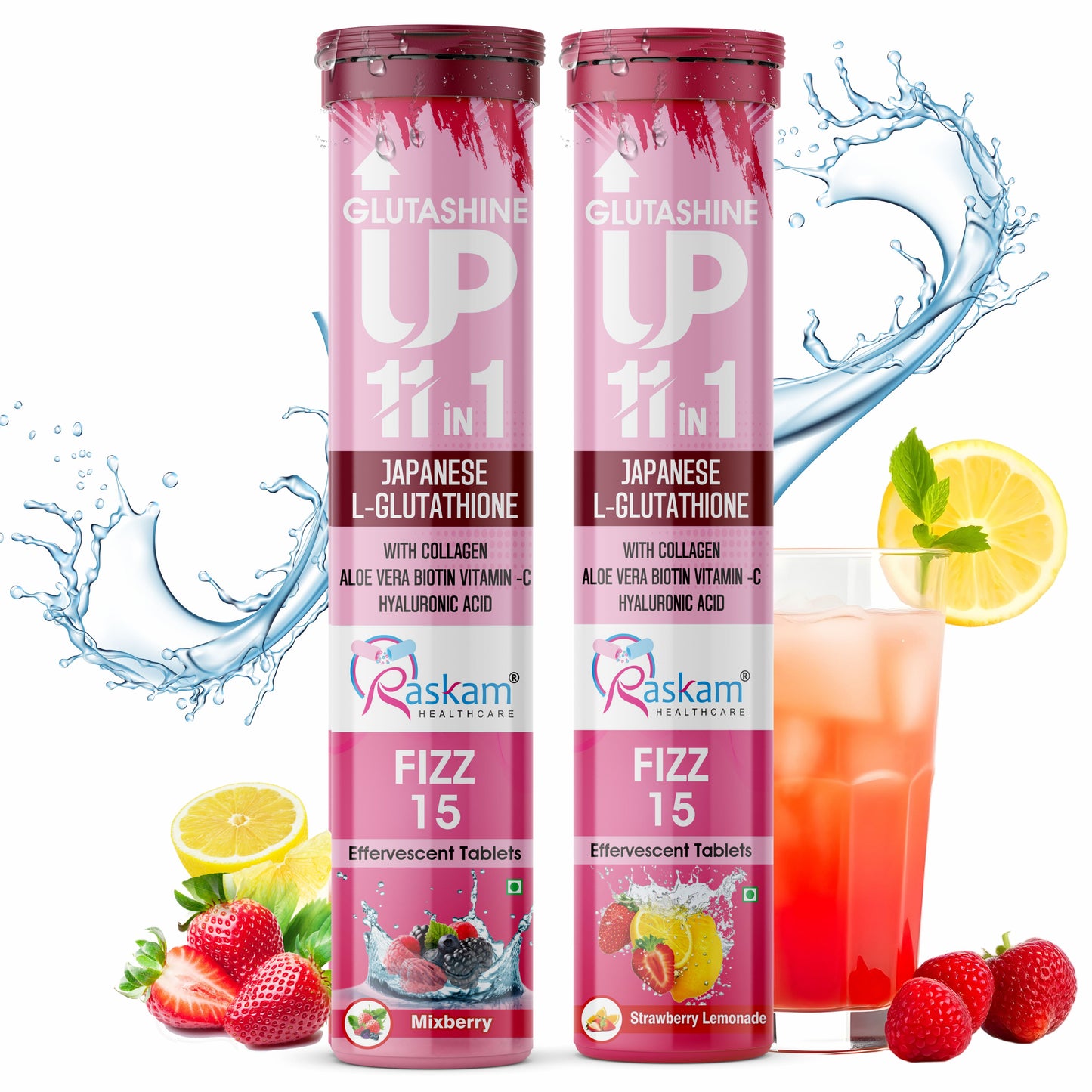 Raskam Glutashine Up 11 In 1 |Japanese L-Glutathione With Collagen | Aloe vera| Biotin | Vitamin-C | Hyaluronic Acid For Skin Glow & Hydration | 15 Fizz Tablets | In Mix Berry Flavor