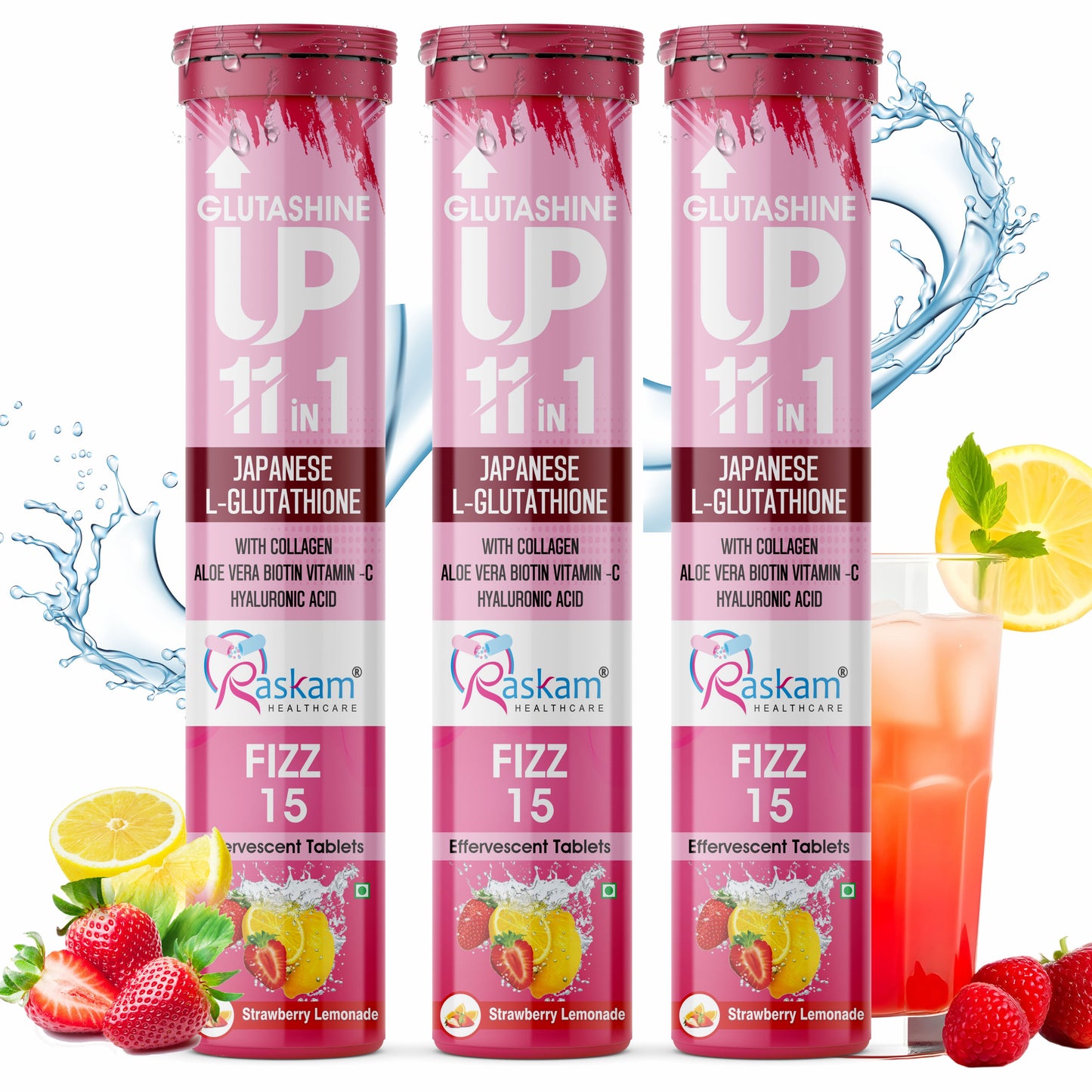 Raskam Glutashine Up 11 In 1 |Japanese L-Glutathione With Collagen | Aloe vera| Biotin | Vitamin-C | Hyaluronic Acid For Skin Glow & Hydration | 15 Fizz Tablets | In Mix Berry Flavor