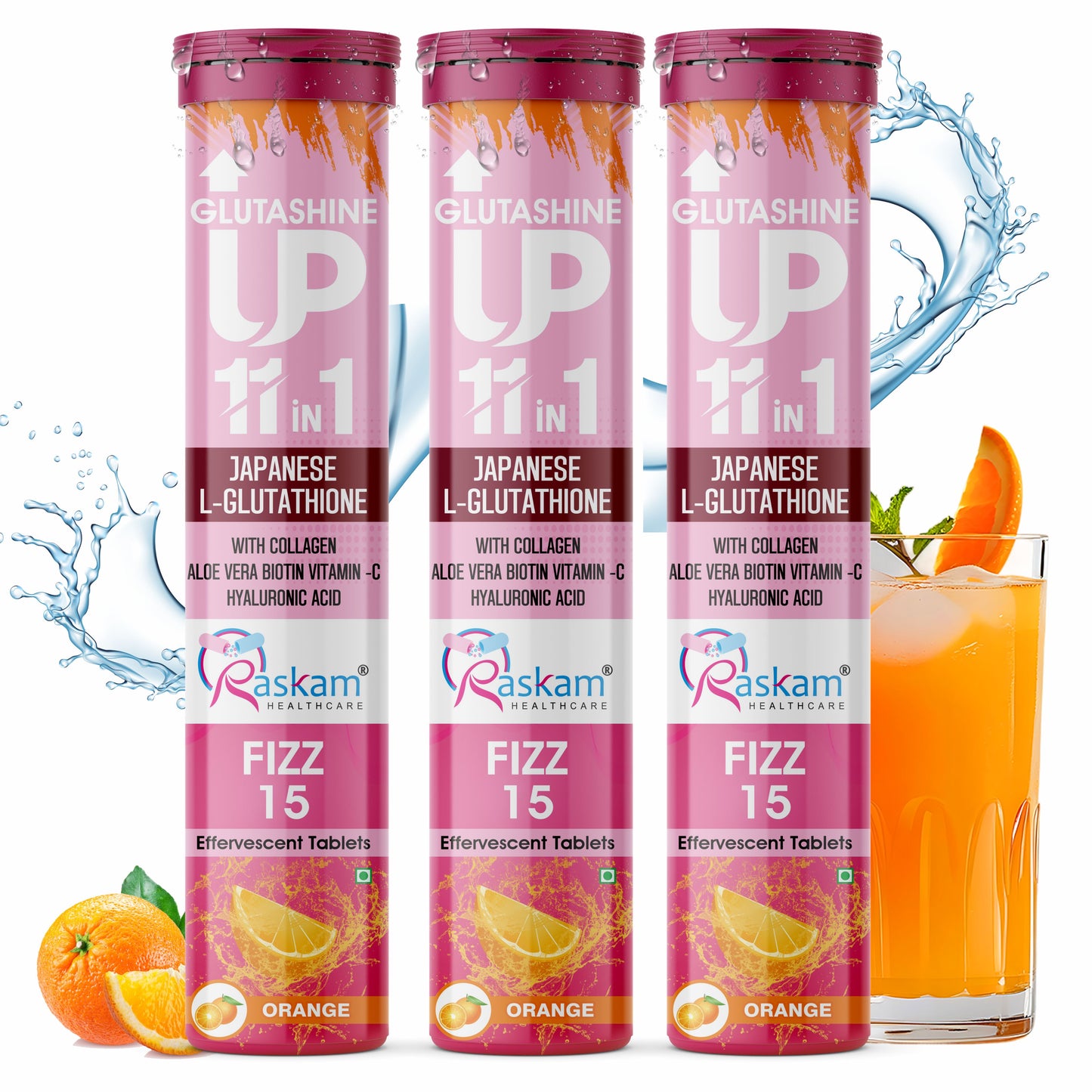 Raskam Glutashine Up 11 In 1 |Japanese L-Glutathione With Collagen | Aloe vera| Biotin | Vitamin-C | Hyaluronic Acid For Skin Glow & Hydration | 15 Fizz Tablets | In Orange  Flavor