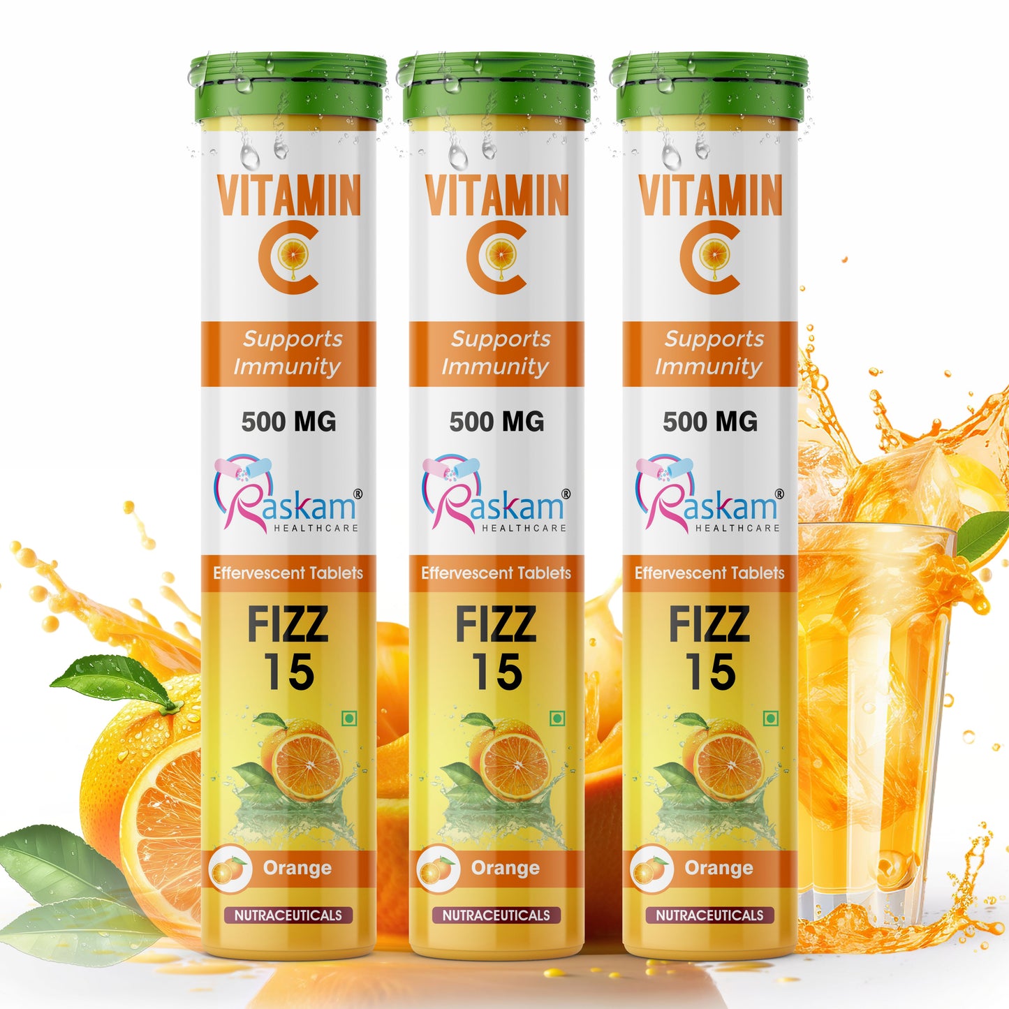 Raskam Vitamin C Effervescent Tablets with Zinc + Vitamin D3 | Natural and Organic Immunity Booster | 500mg Vitamin C (Pack of 15 Effervescent Tablets)