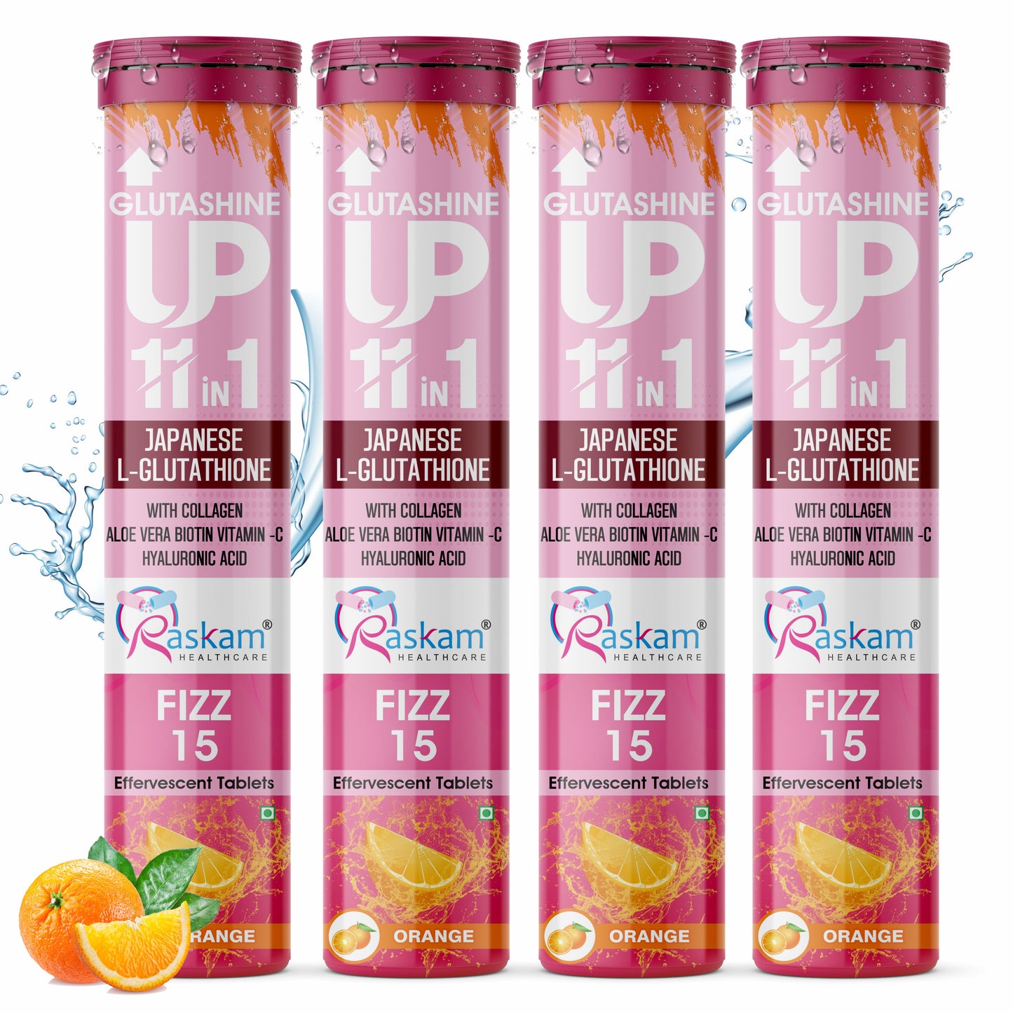 Raskam Glutashine Up 11 In 1 |Japanese L-Glutathione With Collagen | Aloe vera| Biotin | Vitamin-C | Hyaluronic Acid For Skin Glow & Hydration | 15 Fizz Tablets | In Orange  Flavor