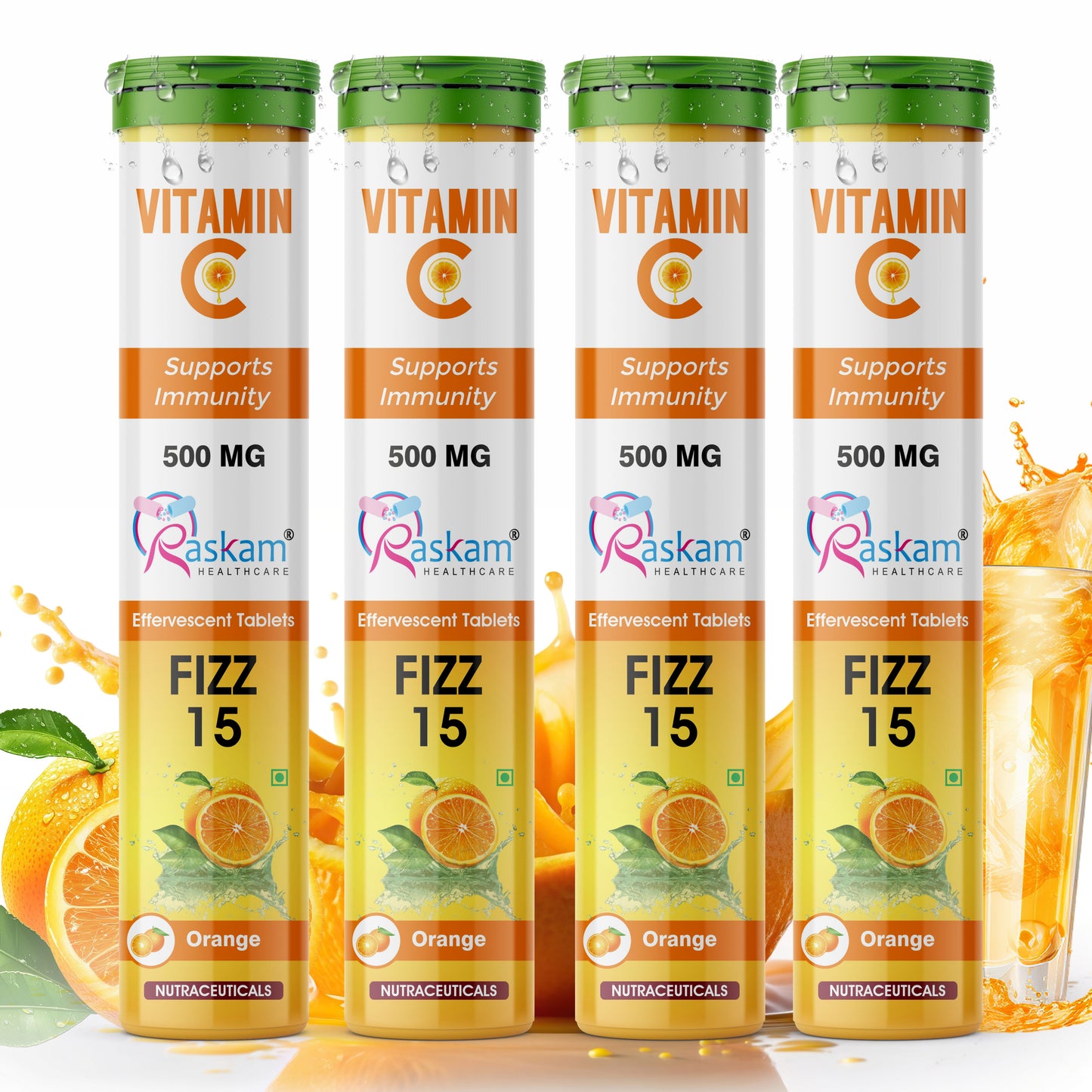 Raskam Vitamin C Effervescent Tablets with Zinc + Vitamin D3 | Natural and Organic Immunity Booster | 500mg Vitamin C (Pack of 15 Effervescent Tablets)