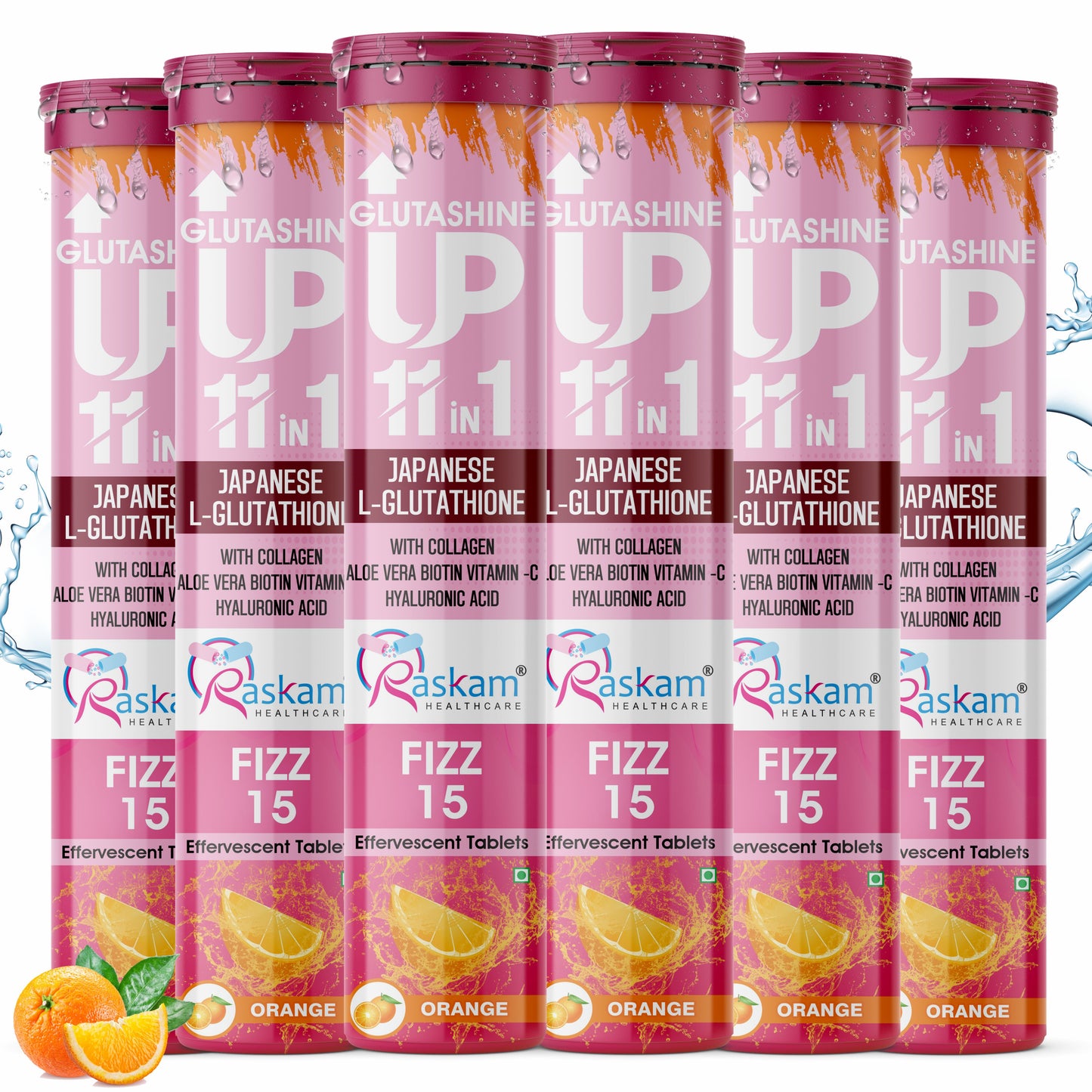 Raskam Glutashine Up 11 In 1 |Japanese L-Glutathione With Collagen | Aloe vera| Biotin | Vitamin-C | Hyaluronic Acid For Skin Glow & Hydration | 15 Fizz Tablets | In Orange  Flavor