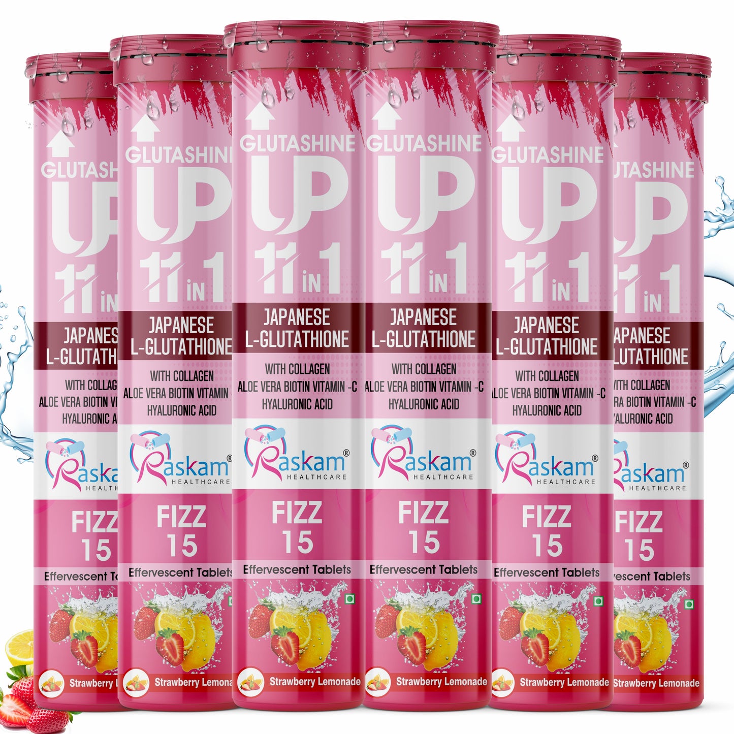 Raskam Glutashine Up 11 In 1 |Japanese L-Glutathione With Collagen | Aloe vera| Biotin | Vitamin-C | Hyaluronic Acid For Skin Glow & Hydration | 15 Fizz Tablets | In Mix Berry Flavor