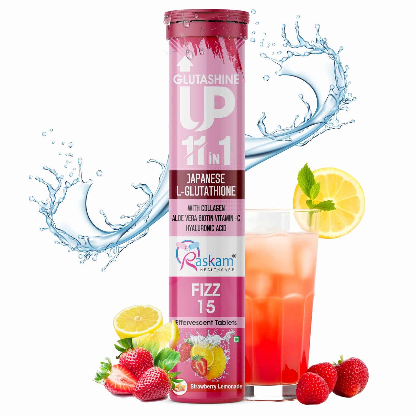 Raskam Glutashine Up 11 In 1 |Japanese L-Glutathione With Collagen | Aloe vera| Biotin | Vitamin-C | Hyaluronic Acid For Skin Glow & Hydration | 15 Fizz Tablets | In Strawberry Lemonade Flavor