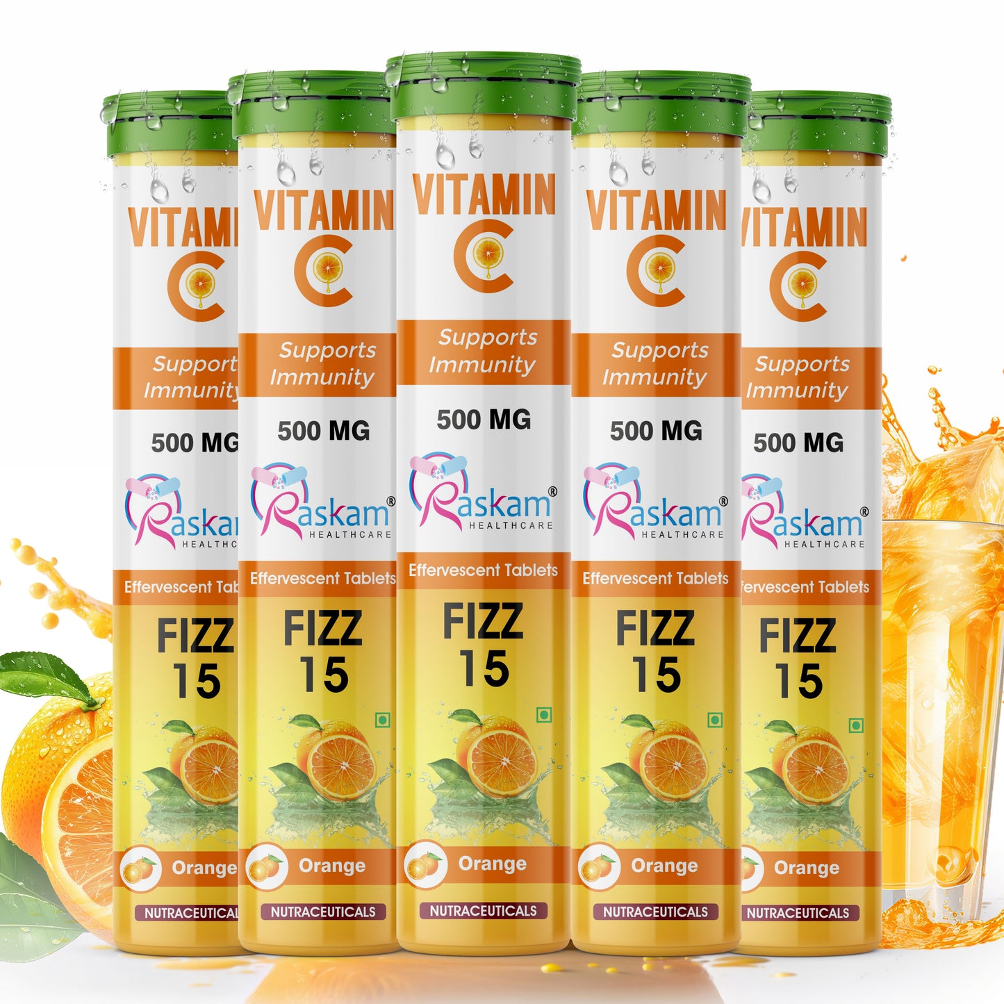 Raskam Vitamin C Effervescent Tablets with Zinc + Vitamin D3 | Natural and Organic Immunity Booster | 500mg Vitamin C (Pack of 15 Effervescent Tablets)