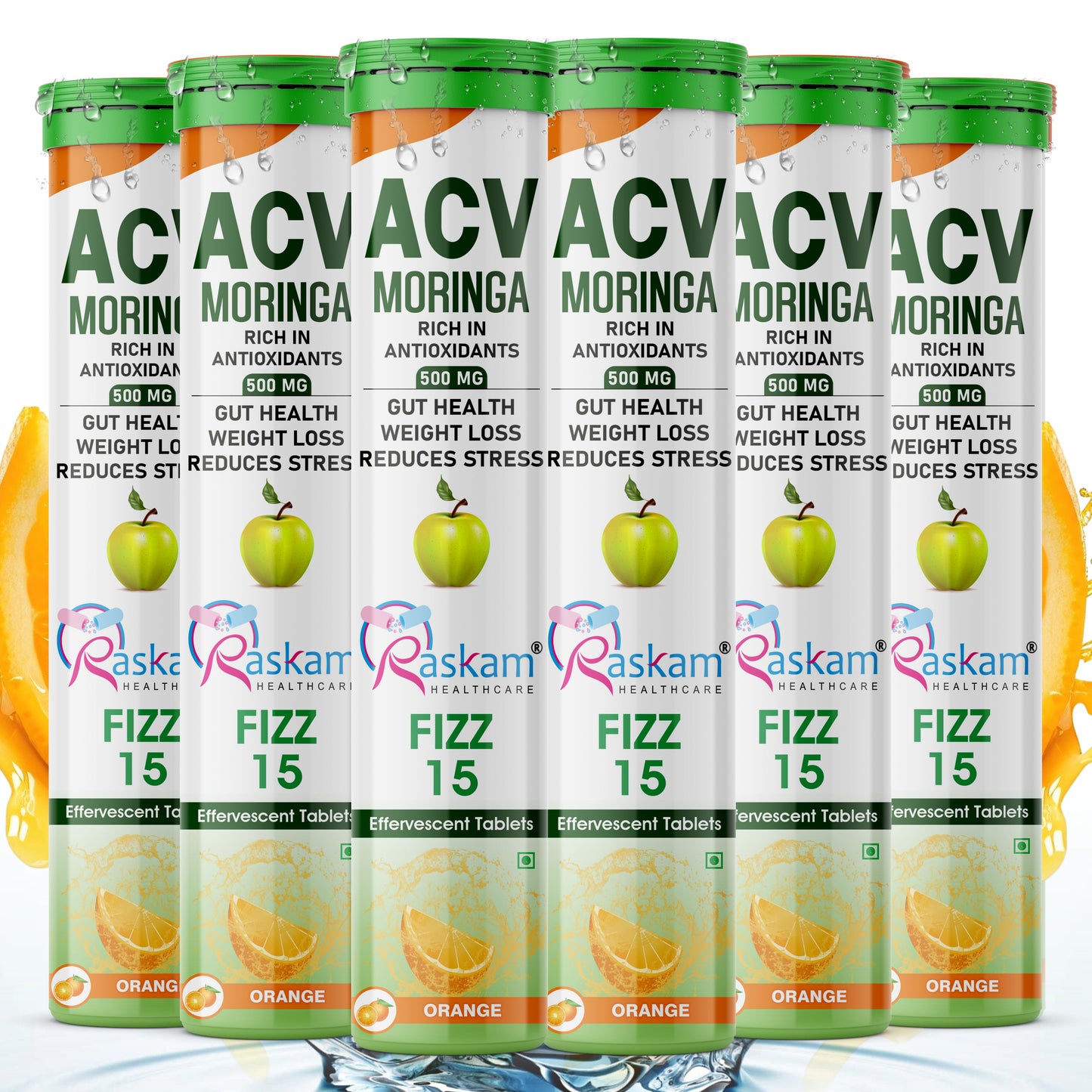 Raskam Apple Cider Vinegar (ACV) Moringa | Master Your Appetite & Boost Immunity | Natural Energy with Antioxidants | No Added Sugar | Orange Flavor | 15 Fizz Tablets (500mg)