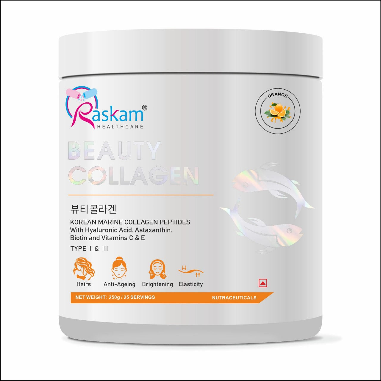 Raskam Beauty Collagen  Powder for Men & Women | Collagen Powder with Biotin, Vitamins C & E for Hair, Nails, Skin Radiance & Anti-Aging Flav- Orange  (250gm ,100gm)