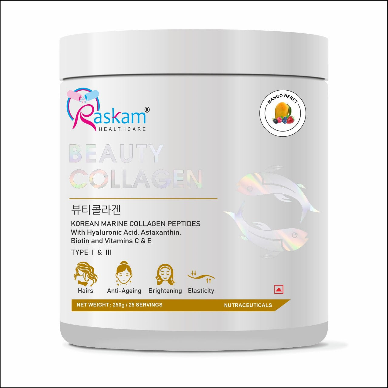 Raskam Beauty Collagen  Powder for Men & Women | Collagen Powder with Biotin, Vitamins C & E for Hair, Nails, Skin Radiance & Anti-Aging Flav- Mango Berry (100gm , 250 gm)