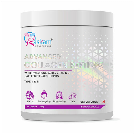 Raskam Advanced Collagen Peptides Powder for Men & Women | Collagen Powder with Biotin, Vitamins C & E for Hair, Nails, Skin Radiance & Anti-Aging Flav- Unflavored (265gm , 100gm)