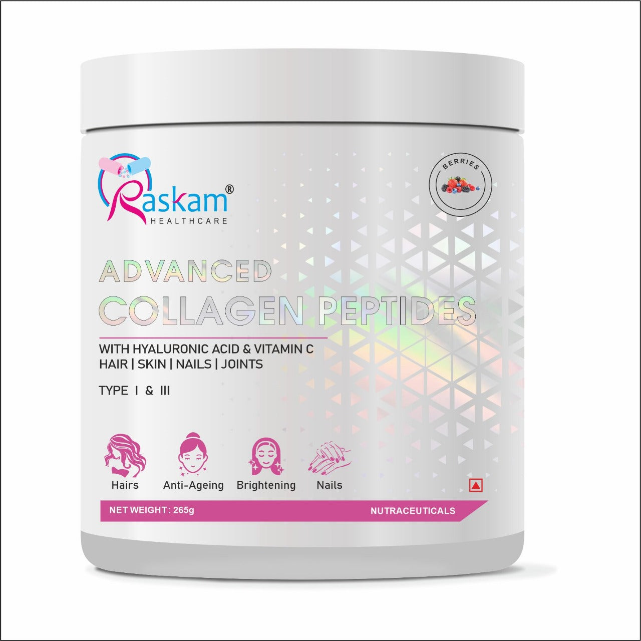 Raskam Advanced Collagen Peptides Powder for Men & Women | Collagen Powder with Biotin, Vitamins C & E for Hair, Nails, Skin Radiance & Anti-Aging Flav- Mix Berry (265gm , 100gm)