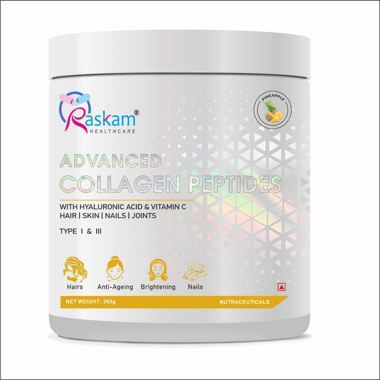 Raskam Advanced Collagen Peptides Powder for Men & Women | Collagen Powder with Biotin, Vitamins C & E for Hair, Nails, Skin Radiance & Anti-Aging Flav- Pineapple (265gm ,100gm)