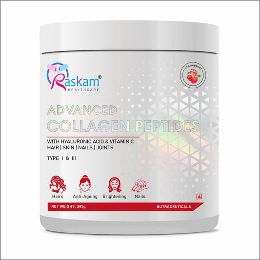 Raskam Advanced Collagen Peptides Powder for Men & Women | Collagen Powder with Biotin, Vitamins C & E for Hair, Nails, Skin Radiance & Anti-Aging Flav- Strawberry (265gm , 100gm)