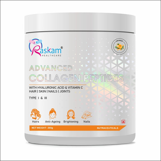 Raskam Advanced Collagen Peptides Powder for Men & Women | Collagen Powder with Biotin, Vitamins C & E for Hair, Nails, Skin Radiance & Anti-Aging Flav- Orange  (265gm ,100gm)