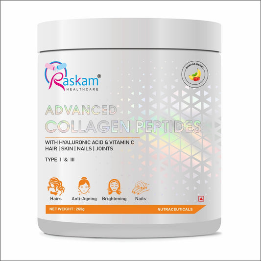 Raskam Advanced Collagen Peptides Powder for Men & Women | Collagen Powder with Biotin, Vitamins C & E for Hair, Nails, Skin Radiance & Anti-Aging Flav- Banana Berry (100gm , 265 gm)