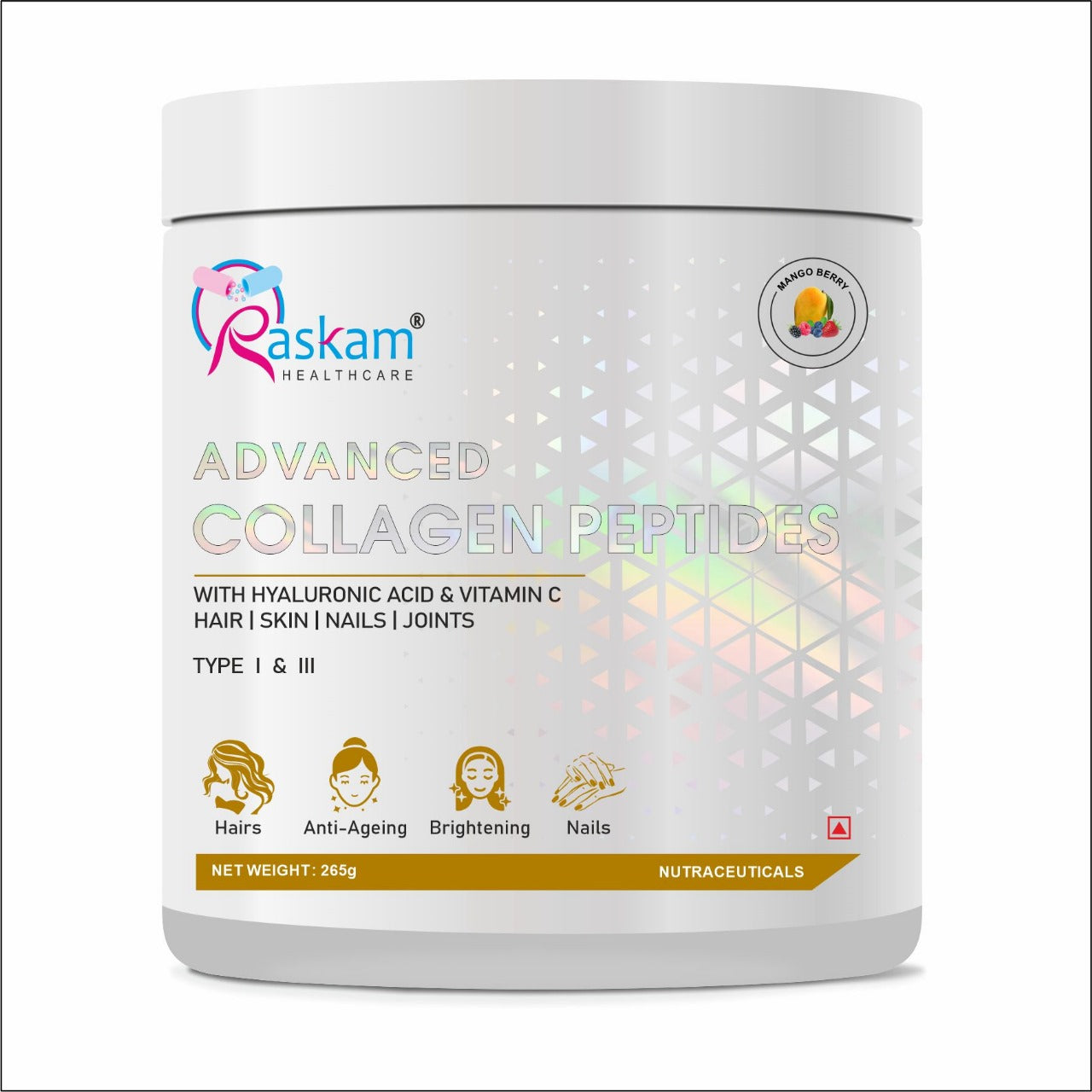 Raskam Advanced Collagen Peptides Powder for Men & Women | Collagen Powder with Biotin, Vitamins C & E for Hair, Nails, Skin Radiance & Anti-Aging Flav- Mango Berry (100gm , 265 gm)