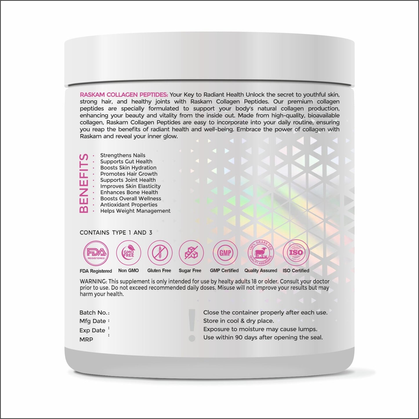 Raskam Advanced Collagen Peptides Powder for Men & Women | Collagen Powder with Biotin, Vitamins C & E for Hair, Nails, Skin Radiance & Anti-Aging Flav- Mix Berry (265gm , 100gm)