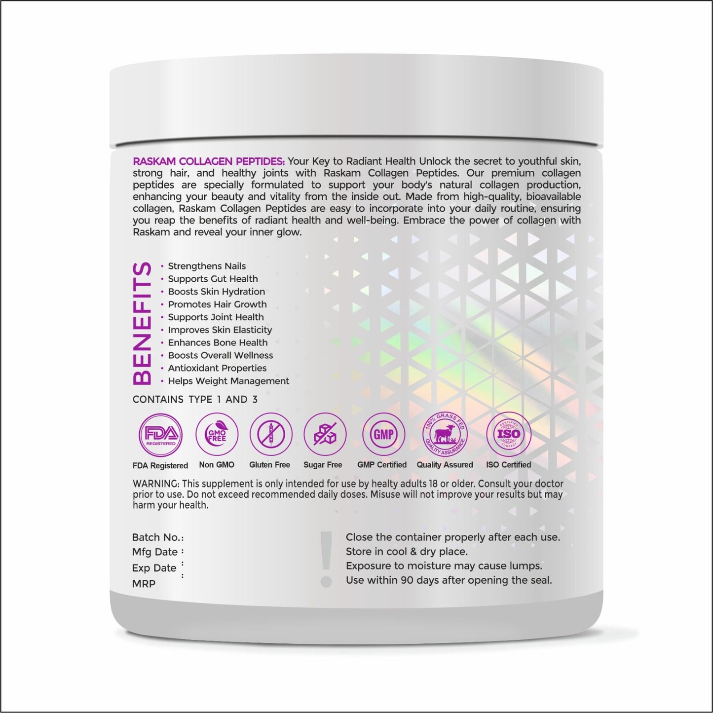 Raskam Advanced Collagen Peptides Powder for Men & Women | Collagen Powder with Biotin, Vitamins C & E for Hair, Nails, Skin Radiance & Anti-Aging Flav- Unflavored (265gm , 100gm)