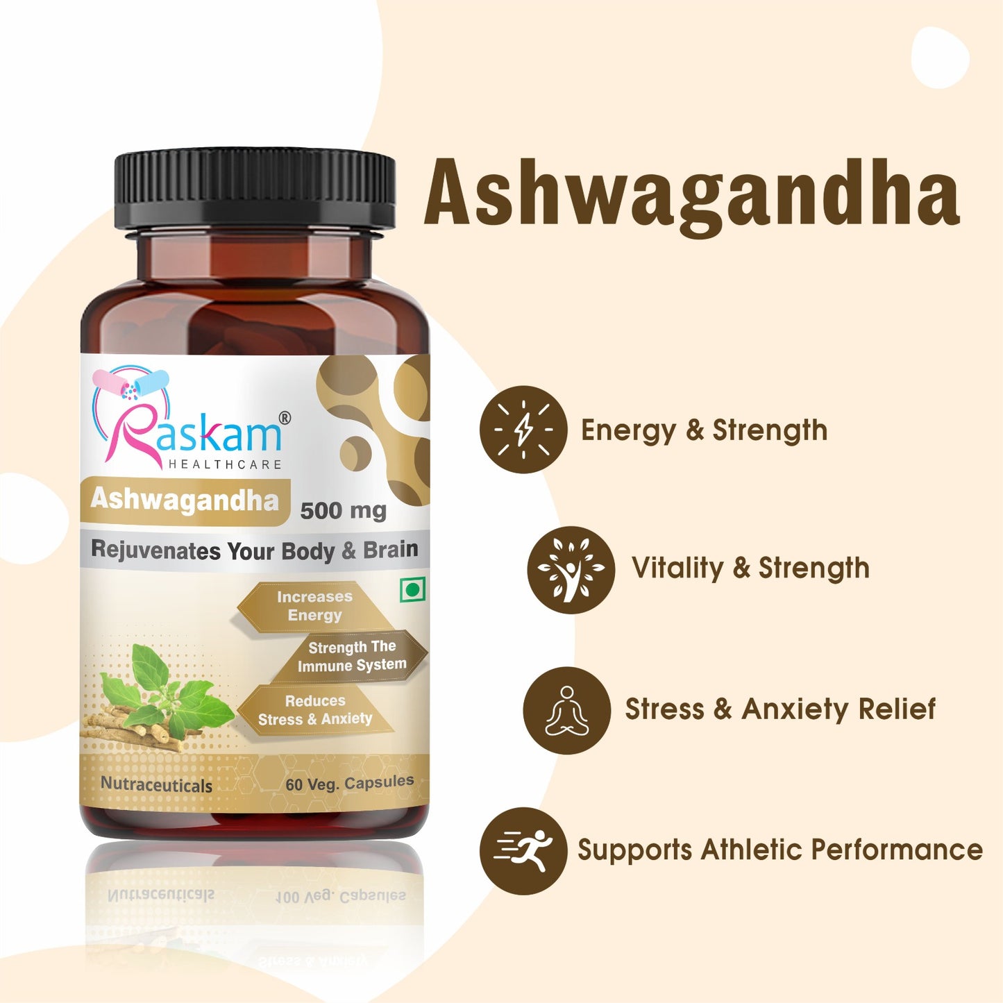 Raskam Ashwagandha - 60 Veg Capsules Boost Energy, Strength, Stamina | Helps Anxiety & Stress Relief For Men & Women