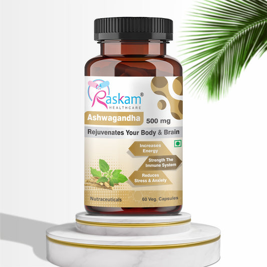 Raskam Ashwagandha - 60 Veg Capsules Boost Energy, Strength, Stamina | Helps Anxiety & Stress Relief For Men & Women